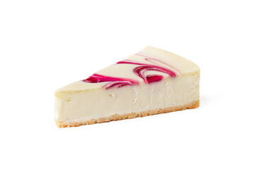 Slice of classical cheesecake new york strawberry or raspberry jam on white or invisible background isolated