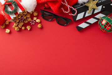 Wall Mural - Christmas movie night with festive snacks. Overhead shot of clapperboard, 3D glasses, mouthwatering popcorn in red-striped box, Santa's hat, shiny baubles, star, small wreath, candies on red backdrop