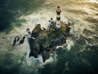 Lighthouse on small island in the sea at sunny day in summer. Aerial top view of beautiful lighthouse on the rock, clear azure water