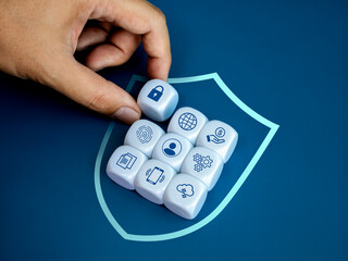 Poster - Personal data protection and cyber security network system of internet technology concepts. Secure lock icon block in hand placed in digital safety shield area with privacy information symbol group.