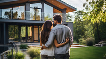 Couple In Love Hugging In Front Of Their New Modern House. Real Estate New Home Concept.