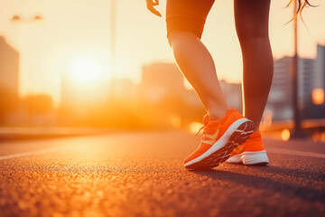 Wall Mural - Girl runner taking a morning run in the city. Closeup of a girl running in the morning light through the city. Active and healthy lifestyle.