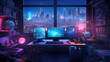 A cyberpunk hackers den bathed in neon glow