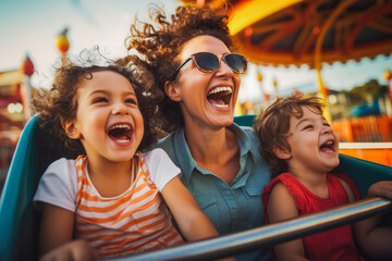 Mother and two children riding a roller coaster together having fun. Happy family on a fun roller coaster ride in an amusement park. Laughing.