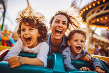 Mother and two children riding a roller coaster together having fun. Happy family on a fun roller coaster ride in an amusement park. Laughing.