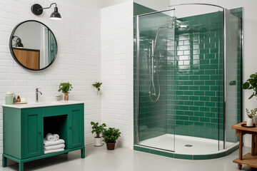 Modern cozy bathroom interior design with brick wall and green furniture