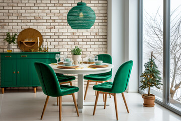 Modern cozy kitchen interior design with brick wall and green furniture