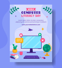 Wall Mural - Computer Literacy Day Vertical Poster Illustration Flat Cartoon Hand Drawn Templates Background