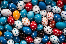 Assorted Polka Dot Eggs In Various Sizes And Vibrant Colors Arranged In A Square Frame With White And Blue Borders. Generative AI