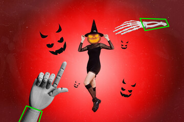 Poster - Artwork magazine collage picture of puppet hand pointing pumpkin head wizard isolated red color background