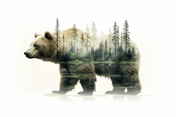 double exposure of a bear and its habitat, the forest, isolated on white background with placeholder