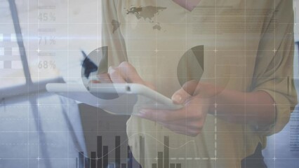 Poster - Animation of statistical data processing against mid section of businesswoman using tablet at office