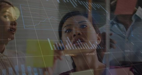 Poster - Animation of statistical data processing on diverse colleagues discussing over memo notes at office