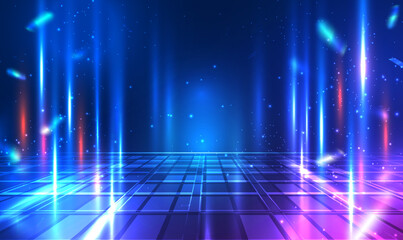 Poster - Digital technology metaverse neon blue pink background. Cyber science tech, Innovation communication future, Ai big data. Metaverse virtual reality technology. Futuristic night street. Vector EPS10.