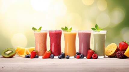 Poster - Five different smoothies of berry, banana with tangerine, kiwi, strawberries isolated on white background. Horizontal. Front view.