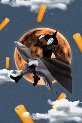 Wall Mural - Vertical composite creative illustration photo collage of good mood witch flying on bat at halloween sky isolated on drawing background