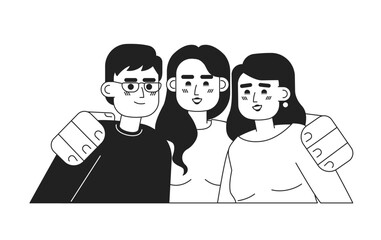 Poster - Diverse group of people embracing monochromatic flat vector characters. Enjoying company. Editable thin line half body people on white. Simple bw cartoon spot image for web graphic design