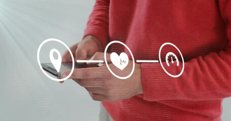 Poster - Animation of flowchart of icons over midsection of caucasian man chatting using smartphone
