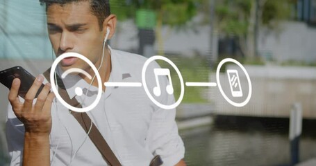 Poster - Animation of flowchart over biracial man wearing headphone and using voice assistant on cellphone