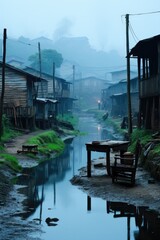 Sticker - A river runs through a small village in the fog, AI