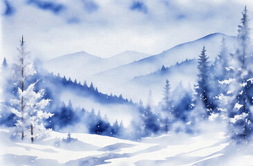 Wall Mural - snow covered winter wonderland watercolor painting artwork