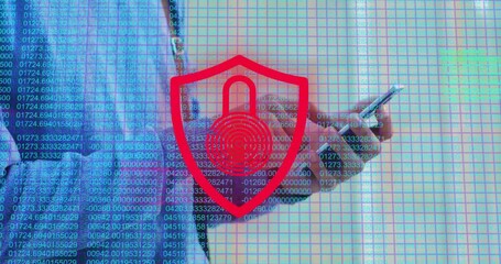 Poster - Animation of fingerprint padlock in shield and grid pattern over caucasian man using cellphone