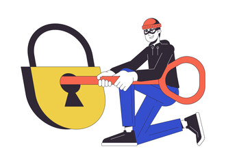 Poster - Unlock padlock by key flat line concept vector spot illustration. Hacker in mask trying to open lock 2D cartoon outline character on white for web UI design. Editable isolated color hero image