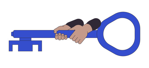 Poster - Hand holding key flat line concept vector spot illustration. Trying to open 2D cartoon outline object on white for web UI design. Security editable isolated color hero image