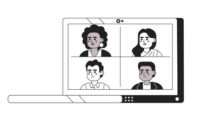 Poster - Laptop with group video call black and white 2D cartoon object. Online meeting with colleagues on notebook isolated vector outline item. Virtual meeting monochromatic flat spot illustration