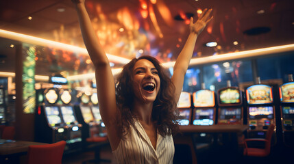 happy girl celebrating slot machine game win at a casino