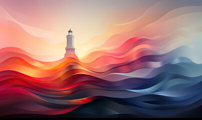 Abstract lighthouse in a colorful sea of colors.