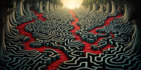 Sticker - A maze with a red line going through it, AI