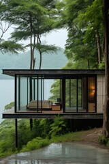 Sticker - A glass house sitting on top of a lush green hillside, AI