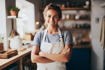 an African American woman in an apron prepares to cook in the kitchen