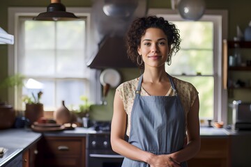 an African American woman in an apron prepares to cook in the kitchen