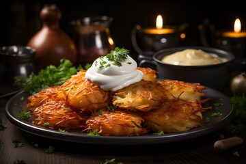 Hanukkah homemade latkes, served with sour cream