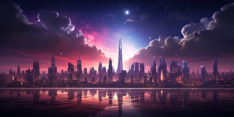 Wall Mural - a futuristic night city in the distance glowing with neon light. surrealistic skyscrapers. cyberpunk