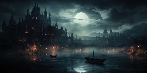 Wall Mural - A dark gothic city with mist at night