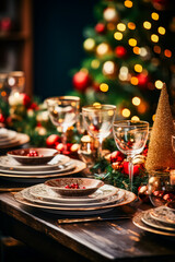 Poster - Table set for holiday dinner with christmas tree in the background.