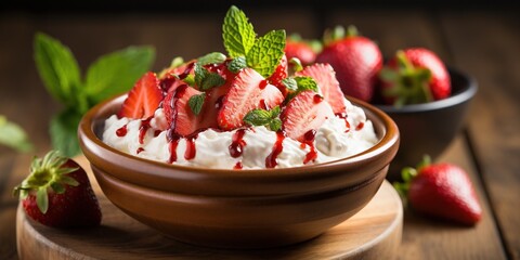 Wall Mural - Closeup of red bowl with homemade Greek yogurt and strawberries