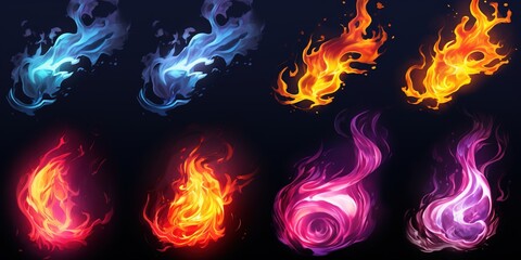 Poster - Colorful abstract fire effect set. Bold sprite flash elements for graphic design. Glowing wavy substances