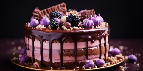 Wall Mural - Colorful chocolate cake decorated with sweets poured with chocolate on a purple background. Place for text.