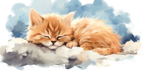 Wall Mural - Cute kitten sleeping on a cloud watercolor drawing.