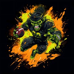 Poster - Cartoon character running with football in his hand and fireball in his other hand.