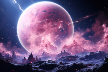 rocky surface of the planet against the background of pink star in space.
