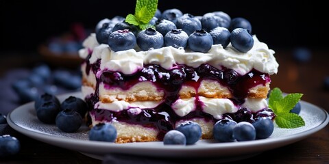 Wall Mural - Delicious blueberry cake decorated with cream