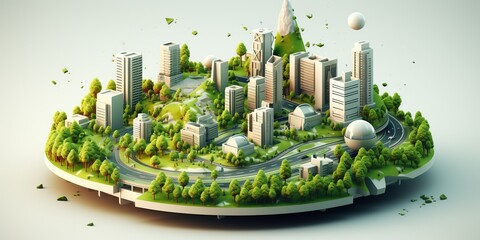 Wall Mural - isometric sustainable city with trees in white background