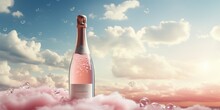 Pink Champagne Bottle With Clean Label For Product Design Against Pastel Fluffy Clouds And Sky. Creative Concept Of Pink Sparkling Wine