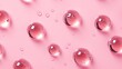 Round drops of transparent serum gel on pink background.