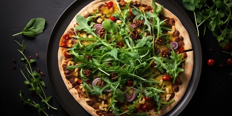 Wall Mural - Vegan pizza on a white plate with microgreens, vegetables and beans, top view.